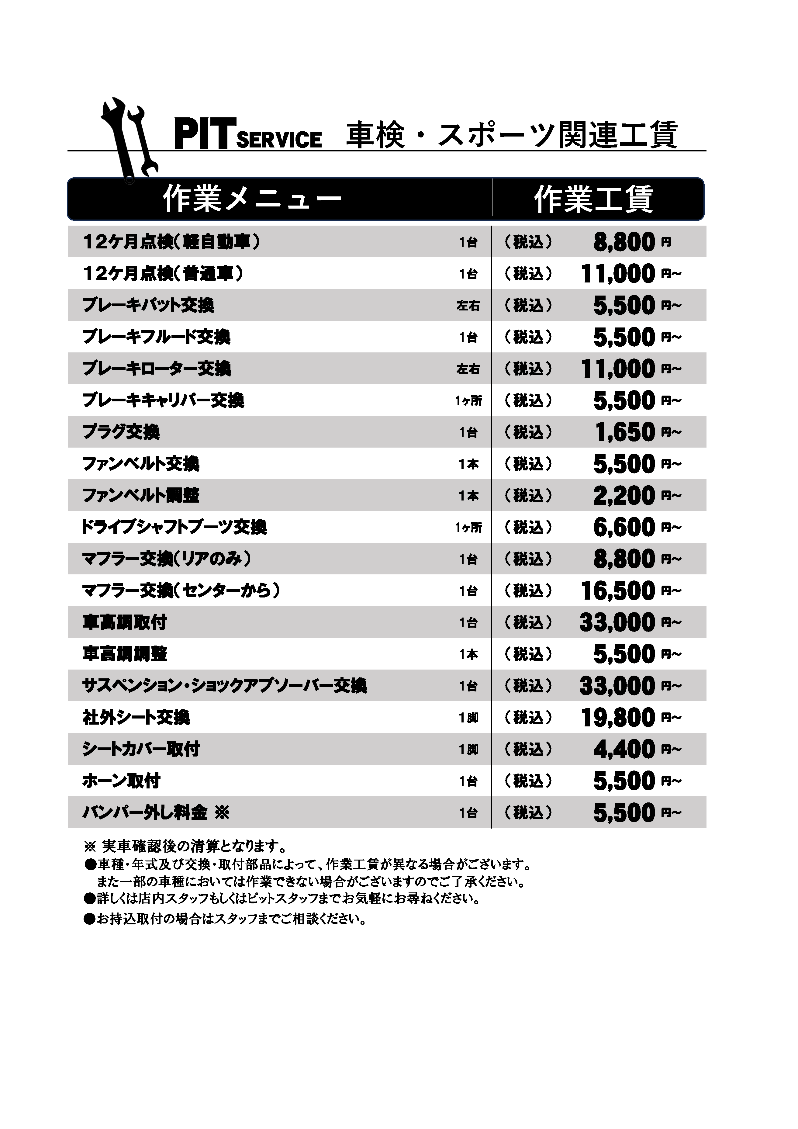 カースポーツ関連の料金表