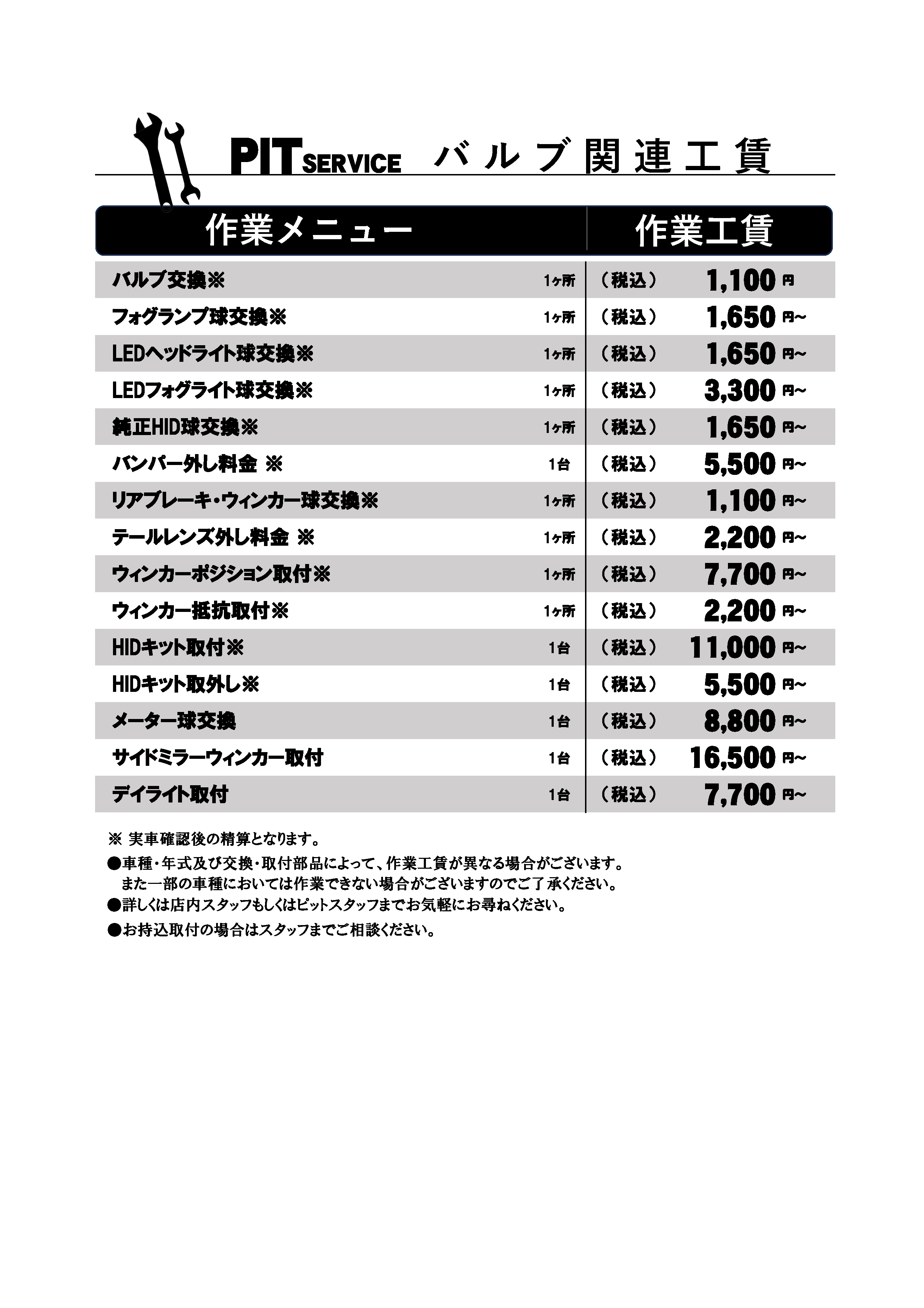 バルブ関連の料金表